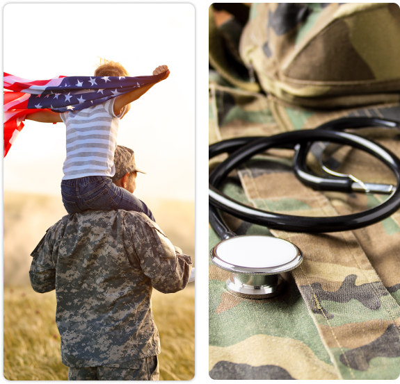 Soldier, child, flag, and stethoscope.